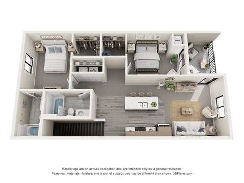 A 3D floor plan of a small apartment with a kitchen, living room, and bathroom.
